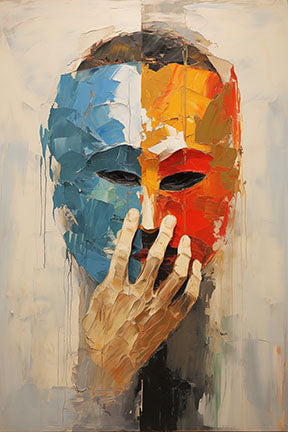 Wadi Home abstract expressionist wall art of a masked face in bold blues, reds, and oranges, with a hand covering the mouth.