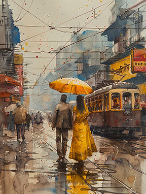 Wadi Home watercolor print of a couple walking under a yellow umbrella on a wet city street with a vintage tram.