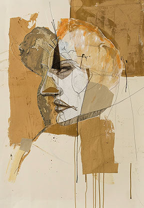 Wadi Home abstract portrait wall art in earthy tones with dynamic lines and expressive features.