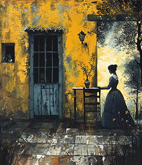 Wadi Home vintage woman by doorway textured yellow and blue wall art