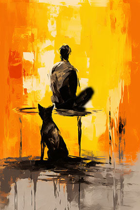 Wadi Home abstract wall art featuring a minimalist figure and dog silhouette against a vibrant orange and yellow textured background.
