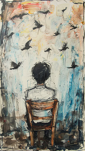 Wadi Home abstract wall art of a boy in a chair watching birds fly. Blues, browns, and mixed media.