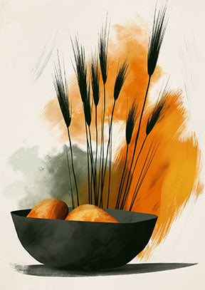 Wadi Home abstract wall art featuring black wheat stalks in a dark bowl with orange and green brushstrokes.