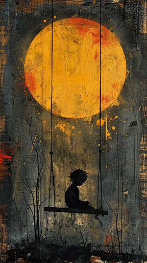 Wadi Home artwork: silhouetted child on swing under a large yellow moon, textured painterly style, moody sophistication.