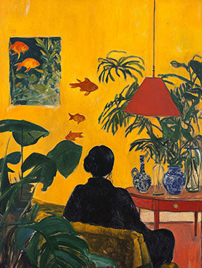Wadi Home painting of a person in a yellow room with goldfish and plants. Features a red lamp and blue vases.