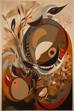 Wadi Home abstract bird and floral art print in earthy tones with vibrant accents, modern artistic design.