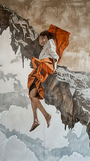 Wadi Home dramatic wall art of a figure in orange attire on a rocky outcrop with clouds.