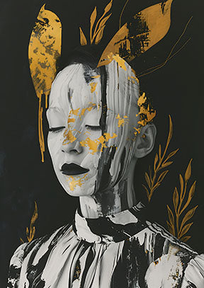 Wadi Home abstract monochrome portrait with gold leaf accents, serene face with eyes closed, textured style.