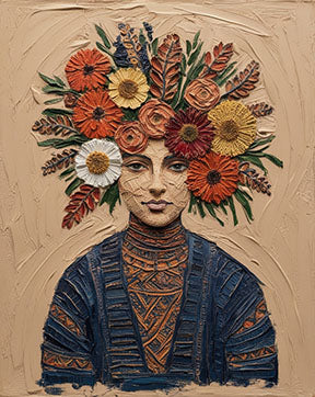 Wadi Home floral crown portrait wall art featuring a woman with a vibrant, textured floral headdress in blues and oranges.