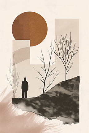 Wadi Home abstract landscape wall art with solitary figure, earthy tones, barren trees, and a large sun.
