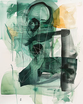 Wadi Home abstract expressionist wall art with deep greens, yellow, and black lines on canvas.