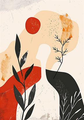 Wadi Home abstract botanical wall art with red, black, and beige organic shapes and stylized leaves.