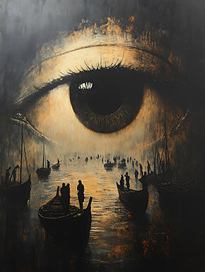 Wadi Home surreal wall art featuring a close-up eye reflecting boats and figures on water. Dark, moody colors.