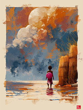 Wadi Home artwork: child with pink backpack gazes at dramatic sky over water, coastal landscape painting.