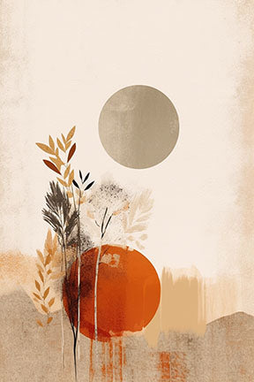 Wadi Home abstract botanical wall art with burnt orange circle and beige sun. Earthy tones, modern sophistication.