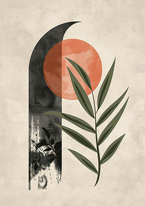 Wadi Home Abstract Botanical Sun Moon Wall Art featuring a terracotta sun, black crescent moon, and green leaf on a textured cream background.