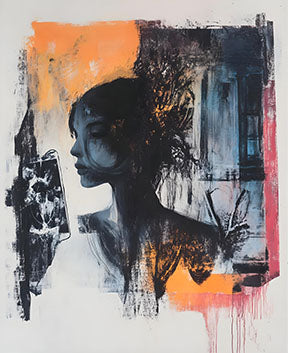 Wadi Home abstract portrait wall art featuring a profile in black, white, and orange with textured brushstrokes.