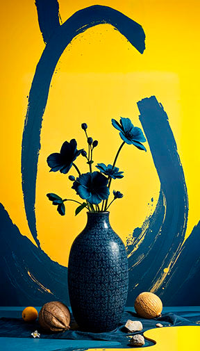Wadi Home abstract floral vase wall art with blue flowers on yellow and blue background.