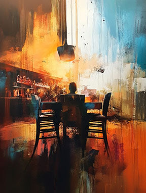 Wadi Home abstract dining room wall art with figures at a table, featuring warm oranges and deep blues.