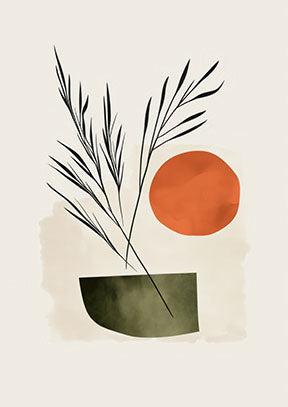 Wadi Home abstract botanical sun wall art with terracotta sun, muted green vase, and minimalist design.
