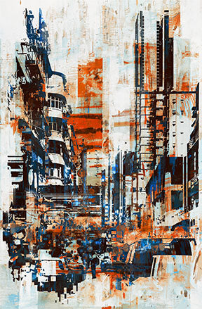Wadi Home abstract cityscape wall art with blues, oranges, and whites. Textured brushstrokes create depth.