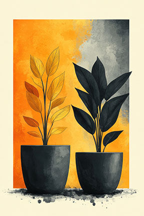 Wadi Home abstract botanical art print featuring two potted plants in yellow and grey watercolor style.