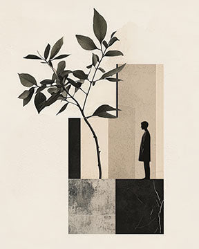Wadi Home minimalist botanical wall art with a dark branch, abstract shapes, and a silhouette of a person.