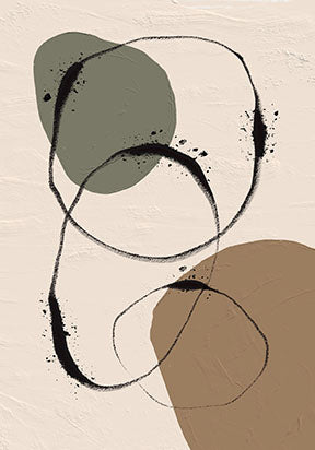 Wadi Home abstract organic shapes wall art with green, brown, and black on a textured cream background.