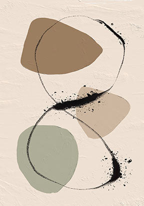 Wadi Home abstract wall art with beige, sage green, and brown organic shapes and black fluid lines.