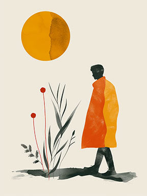 Wadi Home abstract wall art: minimalist figure in orange coat walking under a yellow sun with abstract plants.