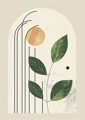 Wadi Home abstract botanical arch wall art with green leaves and sun motif on cream background.