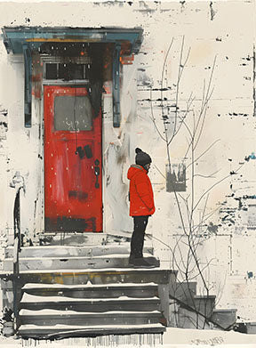 Wadi Home winter doorway artwork: child in red coat on snow-dusted steps before red door, painterly style.