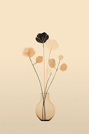Wadi Home minimalist floral artwork with delicate translucent petals in warm tones and a single black bloom in a simple vase.