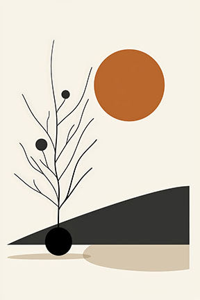 Wadi Home abstract botanical sun wall art with terracotta sun, minimalist tree, and geometric shapes in earthy tones.