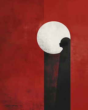 Wadi Home abstract wall art with red background, black silhouette, and white moon. Modern minimalist design.