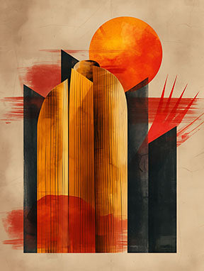 Wadi Home Abstract Sunset Archway Wall Art with orange sun, abstract archways, and black accents on a beige background.