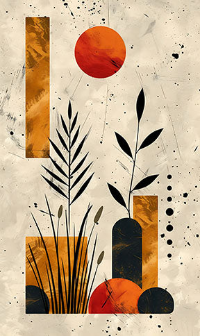 Wadi Home abstract botanical sunburst wall art with warm earthy tones and black botanical elements.