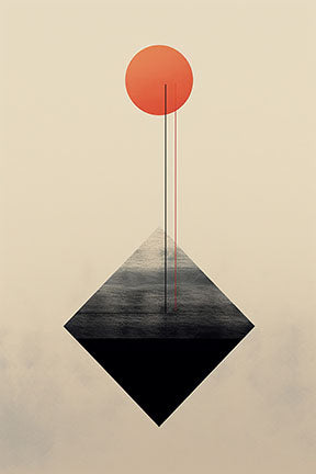 Wadi Home minimalist abstract wall art with black diamond and red sun on cream background.