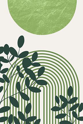 Wadi Home abstract botanical arch wall art with green foliage and minimalist design.