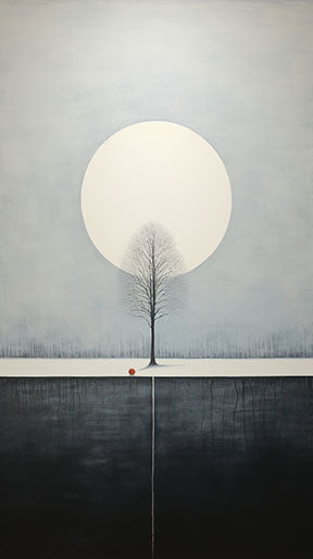 Wadi Home minimalist tree and moon wall art, serene landscape with solitary tree under full moon.