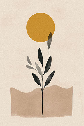 Wadi Home Abstract Botanical Sun Wall Art with golden sun and minimalist plant design on neutral background.