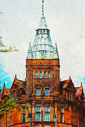 Wadi Home impressionist wall art of a Victorian building with intricate architecture in warm, earthy tones.