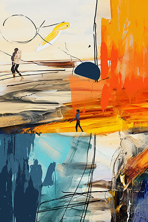 Wadi Home abstract wall art with bold orange, blue, and yellow colors, featuring stylized figures and dynamic brushstrokes.
