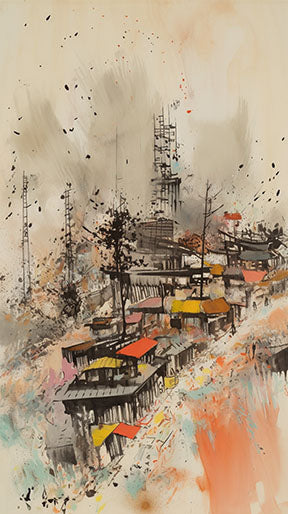 Wadi Home abstract cityscape wall art with vibrant colors and textured brushstrokes, depicting urban energy.