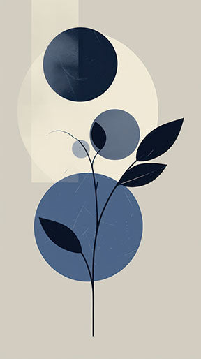 Wadi Home Abstract Botanical Circles Wall Art with deep blue and neutral tones, minimalist design.