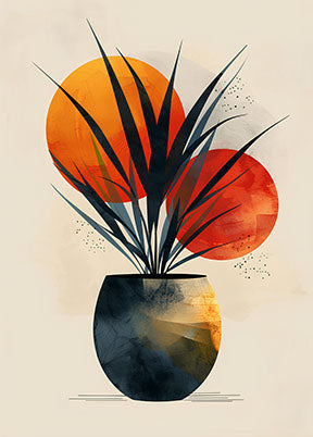 Wadi Home Abstract Botanical Vase Wall Art featuring a minimalist design with bold strokes in deep blues, warm oranges, and lush greens.