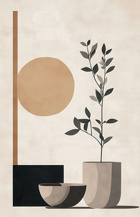 Wadi Home abstract botanical wall art with beige, terracotta, and charcoal tones. Minimalist design features a plant in a pot, sun-like circle, and geometric shapes.