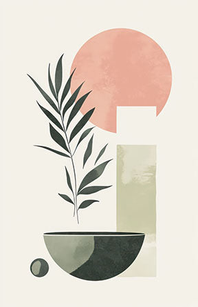 Wadi Home abstract botanical wall art with muted greens, blush pink, and cream. Minimalist design with organic shapes and geometric forms.