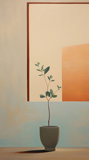 Wadi Home abstract botanical framed wall art with beige, terracotta, and blue tones, featuring a potted plant.