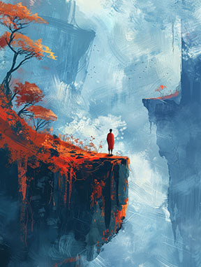 Wadi Home Crimson Cliffside Vista Wall Art: abstract landscape painting of a figure on a crimson cliff overlooking a misty expanse.